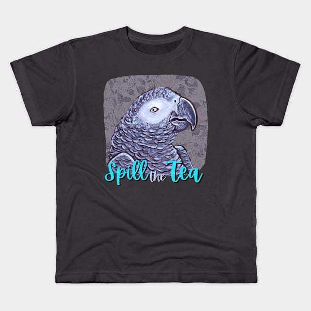 Spill the Tea African Grey Parrot Kids T-Shirt by Nat Rodgers 